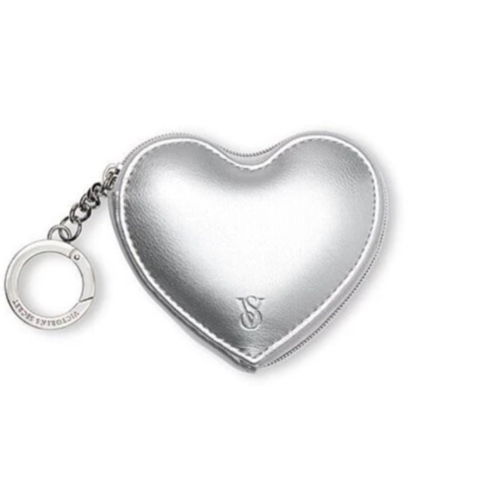 Victoria's Secret Metallic Silver Heart Bag Charm Keychain Zip Coin Purse